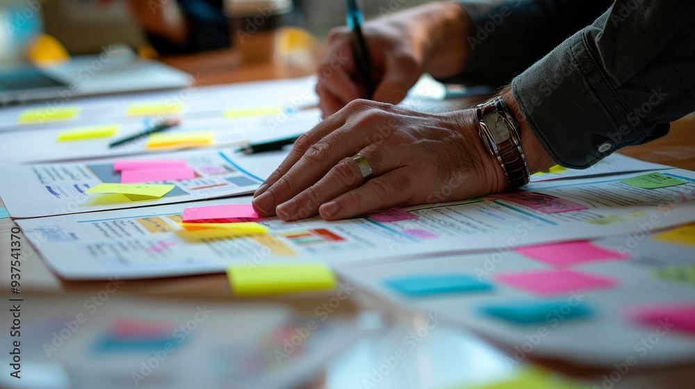 Strategic Planning Close-up of hands actively working on a project, meticulously writing on documents and arranging colorful sticky notes - a visual representation of focused problem-solving Strategic Planning Close-up of hands actively working on a project, meticulously writing on documents and arranging colorful sticky notes - a visual representation of focused problem-solving