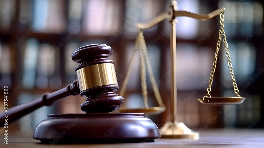 Gavel and Scales of Justice on Table with Blurred Books, Copy Space for Legal Text Stock Photo Gavel and Scales of Justice on Table with Blurred Books, Copy Space for Legal Text Stock Photo