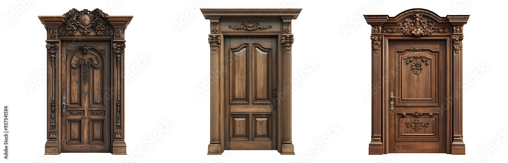 Naklejka premium Wooden doors set isolated on transparent background with intricate carvings and details
