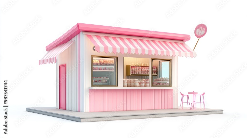 Pink and White Striped Awned Pastry Shop with Outdoor Seating Pink and White Striped Awned Pastry Shop with Outdoor Seating
