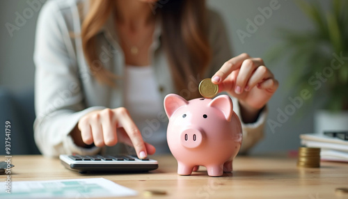 Young woman putting coin in to piggy bank, saving money 