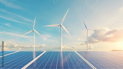 A stunning landscape featuring wind turbines and solar panels under a bright sky, symbolizing renewable energy and sustainability.
