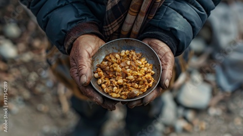 In a chilly outdoor environment, hands cradle a bowl filled with spiced corn snacks, showcasing the beauty of rustic life and simple pleasures. Nature's elements enhance the moment