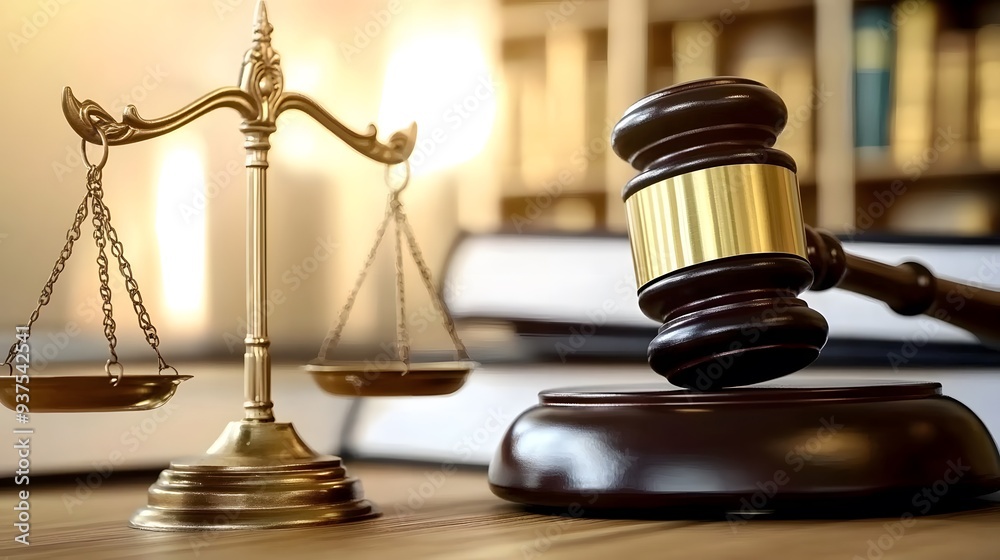 Legal Gavel and Scales on Table with Blurred Book Background, Text Space for Legal Stock Image Legal Gavel and Scales on Table with Blurred Book Background, Text Space for Legal Stock Image