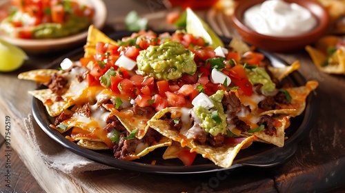 A close-up shot of a plate of carne asada nachos, with melted cheese, guacamole, and sour cream.