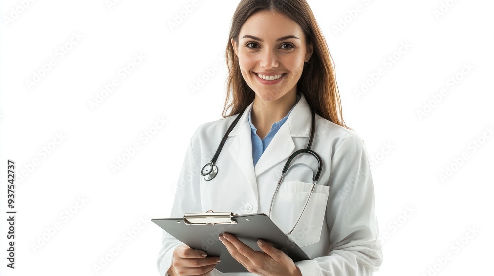 Smiling female doctor holding a clipboard in a white lab coat Smiling female doctor holding a clipboard in a white lab coat