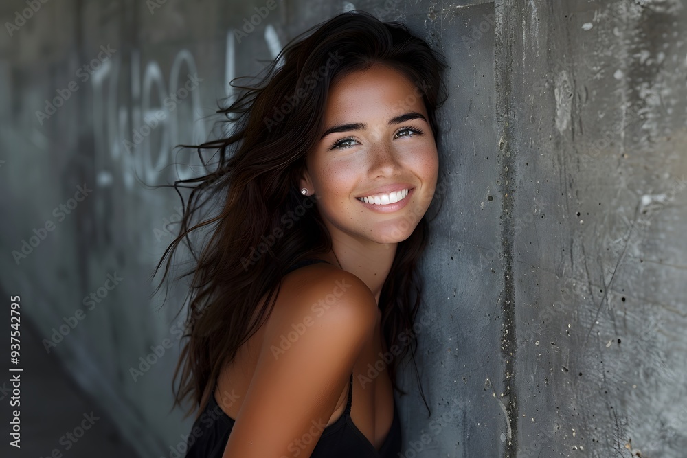 Smiling Woman with Tan Skin and Wavy Brown Hair Leaning Against Gray Wall Smiling Woman with Tan Skin and Wavy Brown Hair Leaning Against Gray Wall