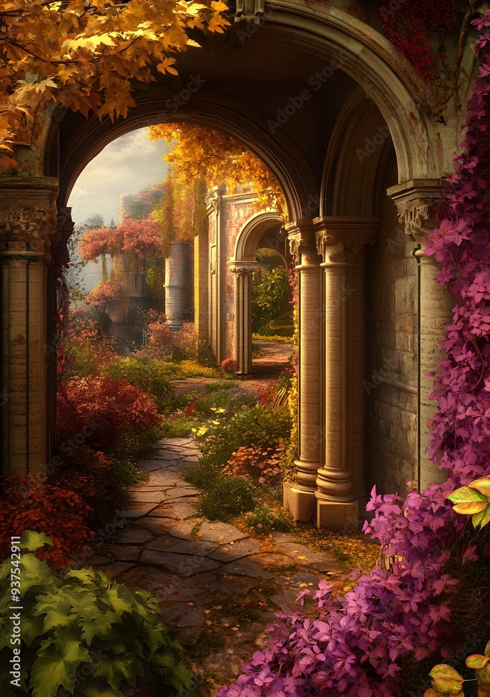 Stone Archway Leading to a Garden in Autumn Stone Archway Leading to a Garden in Autumn