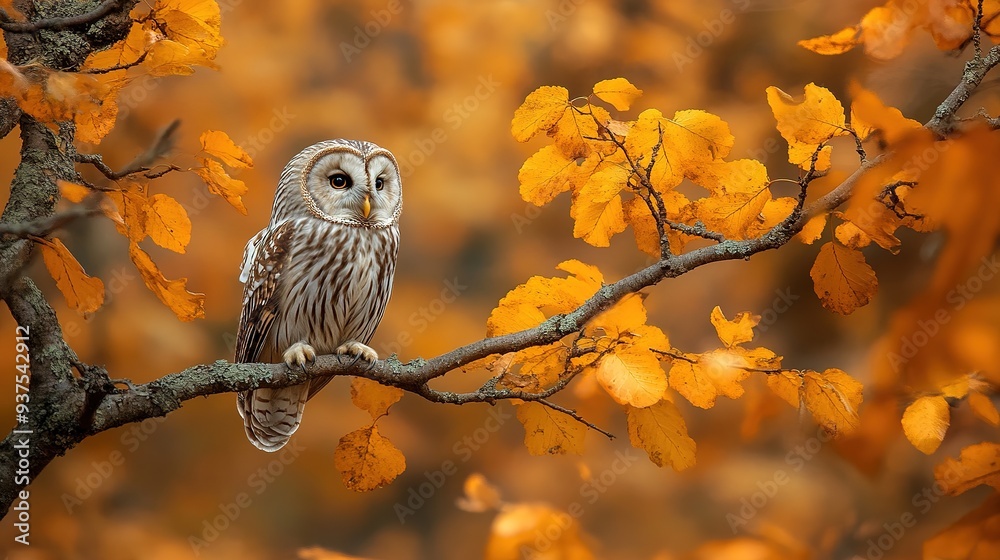 Autumn in nature with Ural Owl, Strix uralensis, sitting on a branch with orange leaves in an oak forest, Norway. Wildlife scene from nature. copy space for text. Autumn in nature with Ural Owl, Strix uralensis, sitting on a branch with orange leaves in an oak forest, Norway. Wildlife scene from nature. copy space for text.