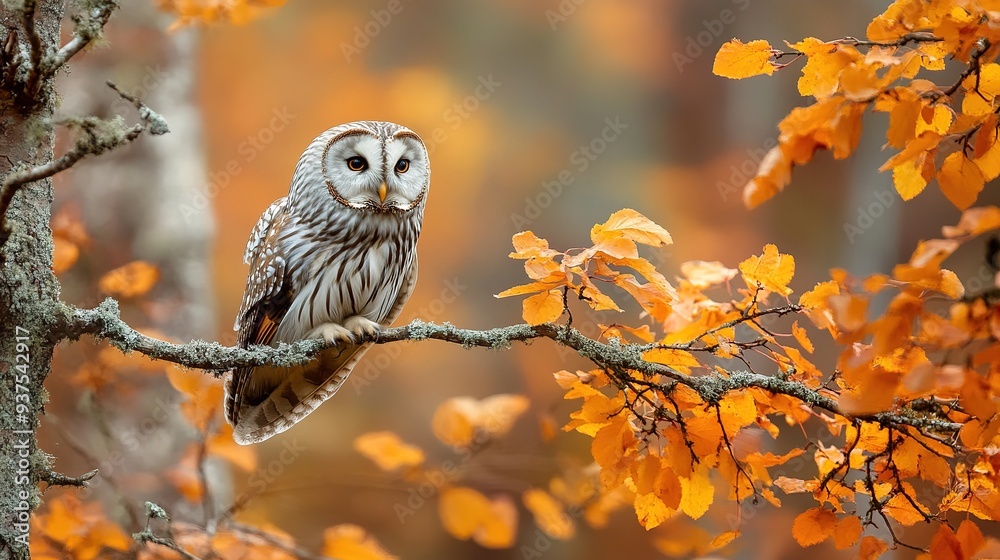 Autumn in nature with Ural Owl, Strix uralensis, sitting on a branch with orange leaves in an oak forest, Norway. Wildlife scene from nature. copy space for text. Autumn in nature with Ural Owl, Strix uralensis, sitting on a branch with orange leaves in an oak forest, Norway. Wildlife scene from nature. copy space for text.