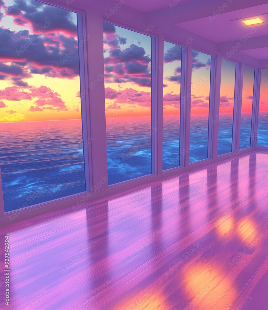 Fototapeta premium Sunset Sea View From Large Windows