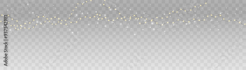 Christmas lights on transparent background. Glowing golden Christmas lights of New Year garland.