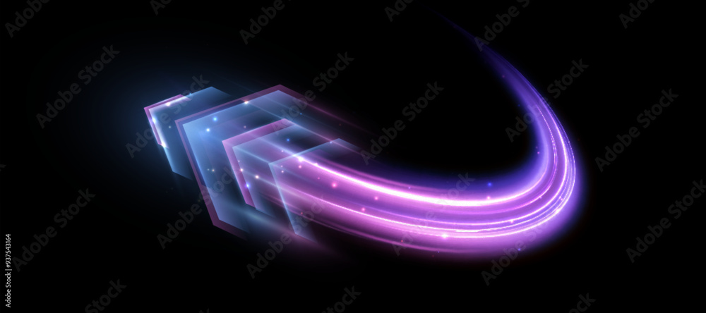 Light effect of high-speed movement of the speed of light along a curved trajectory. Dynamic movement of the high-speed arrow of light energy. 