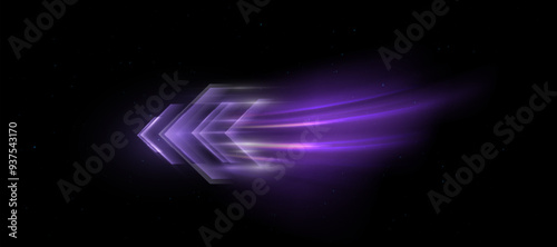 Light effect of high-speed movement of the speed of light along a curved trajectory. Dynamic movement of the high-speed arrow of light energy. 