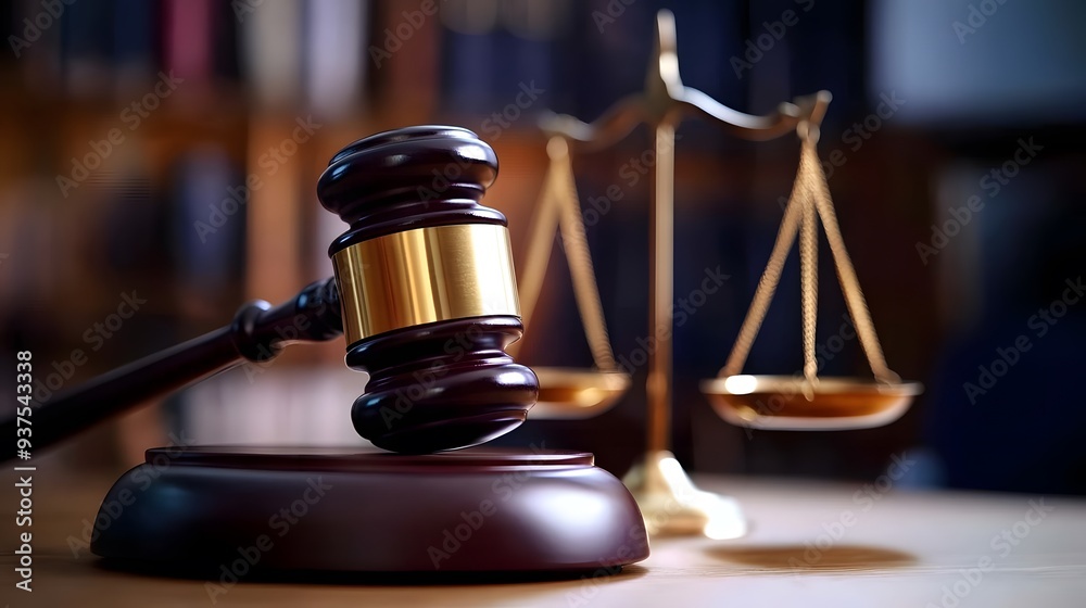 Legal Gavel and Scales on Table with Blurred Book Background, Text Space for Legal Stock Image Legal Gavel and Scales on Table with Blurred Book Background, Text Space for Legal Stock Image