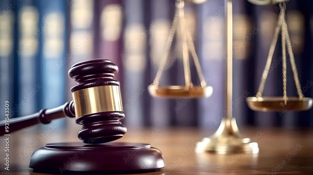 Gavel and Scales of Justice on Table with Blurred Books, Copy Space for Legal Text Stock Photo