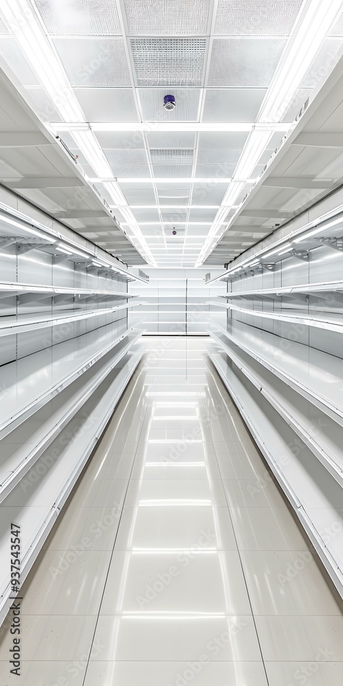Fototapeta premium Empty Supermarket Shelves With White Ceiling Lights