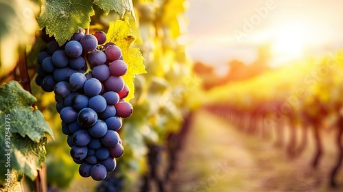 A vineyard in full bloom with ripe grapes ready for harvest under a clear sky