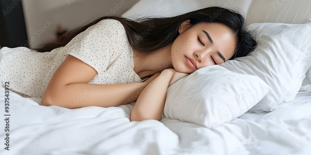 Beautiful Woman Sleeping in Bed with White Bedding