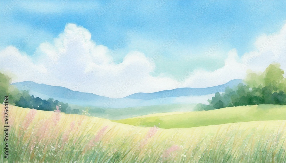 Obraz premium 心地よい風の吹く草原の水彩風イラスト