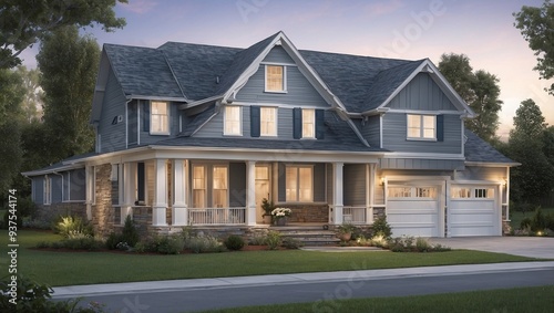 Two-story house with gray siding and white trim, front porch, and double-car garage, surrounded by green landscaping and twilight blue sky