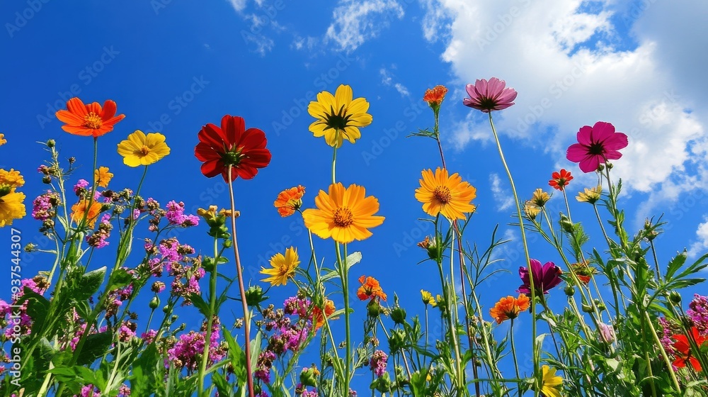 Brightly colored summer flowers in full bloom against a blue sky Brightly colored summer flowers in full bloom against a blue sky