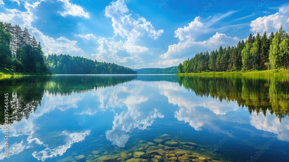 Fototapeta premium Calm, crystal-clear lake with a reflection of the summer sky and trees -
