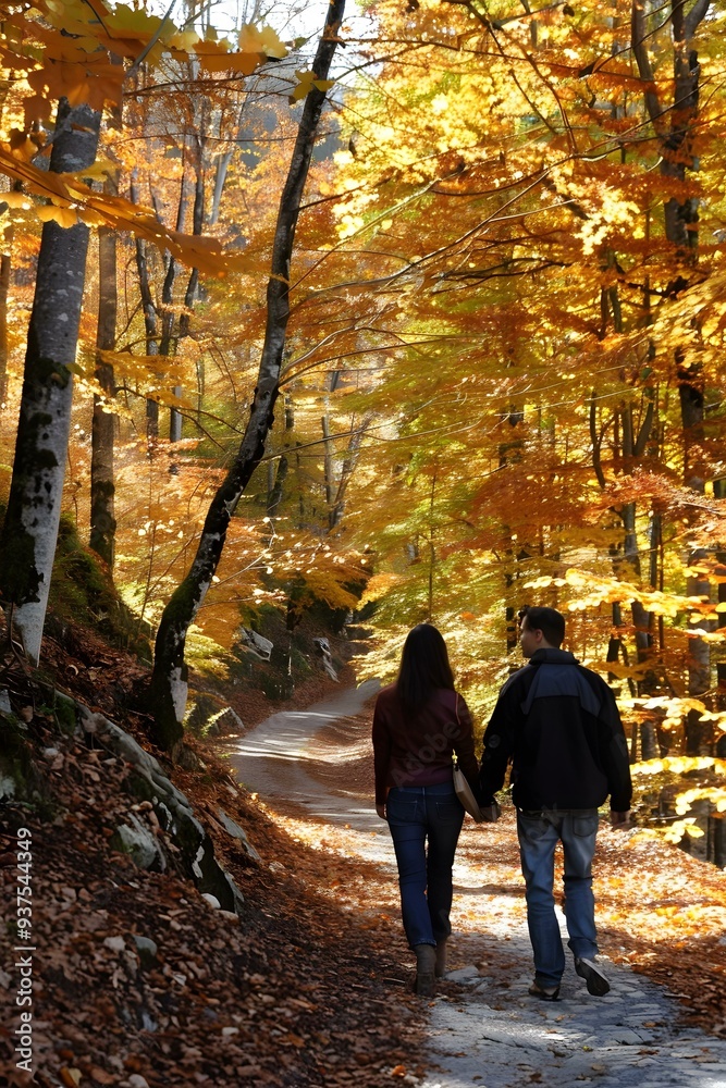 Couple Walking on Path Through Fall Foliage Couple Walking on Path Through Fall Foliage