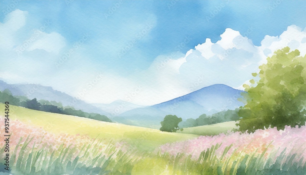 Obraz premium 心地よい風の吹く草原の水彩風イラスト