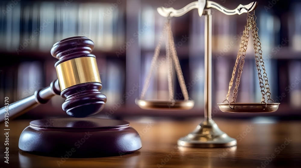 Gavel and Scales of Justice on Table with Blurred Books, Copy Space for Legal Text Stock Photo Gavel and Scales of Justice on Table with Blurred Books, Copy Space for Legal Text Stock Photo