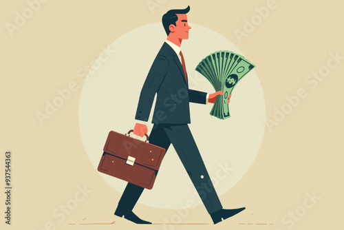 a symbol of glory and success, a businessman walks casually holding a wad of money