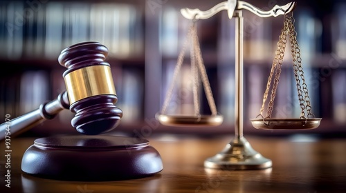 Gavel and Scales of Justice on Table with Blurred Books, Copy Space for Legal Text Stock Photo