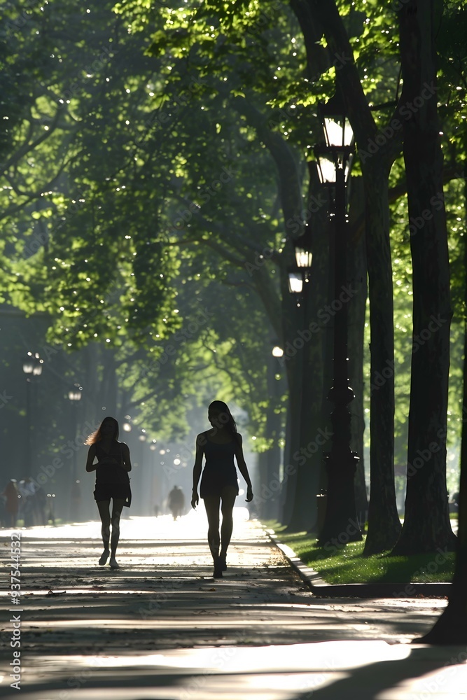 Two Women Walking Through a Tree Lined Path Two Women Walking Through a Tree Lined Path
