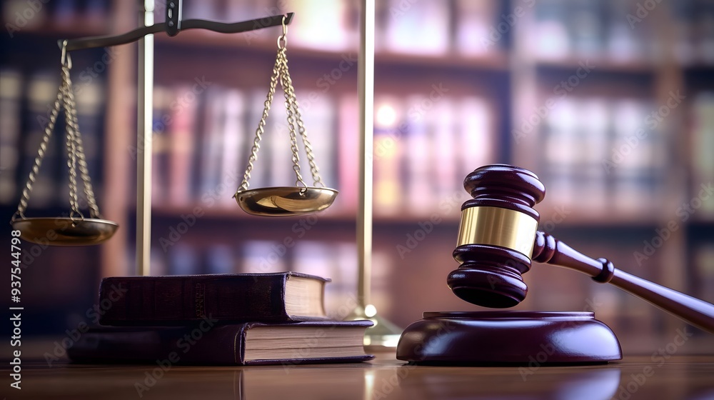 Gavel and Scales of Justice on Table with Blurred Books, Copy Space for Legal Text Stock Photo Gavel and Scales of Justice on Table with Blurred Books, Copy Space for Legal Text Stock Photo