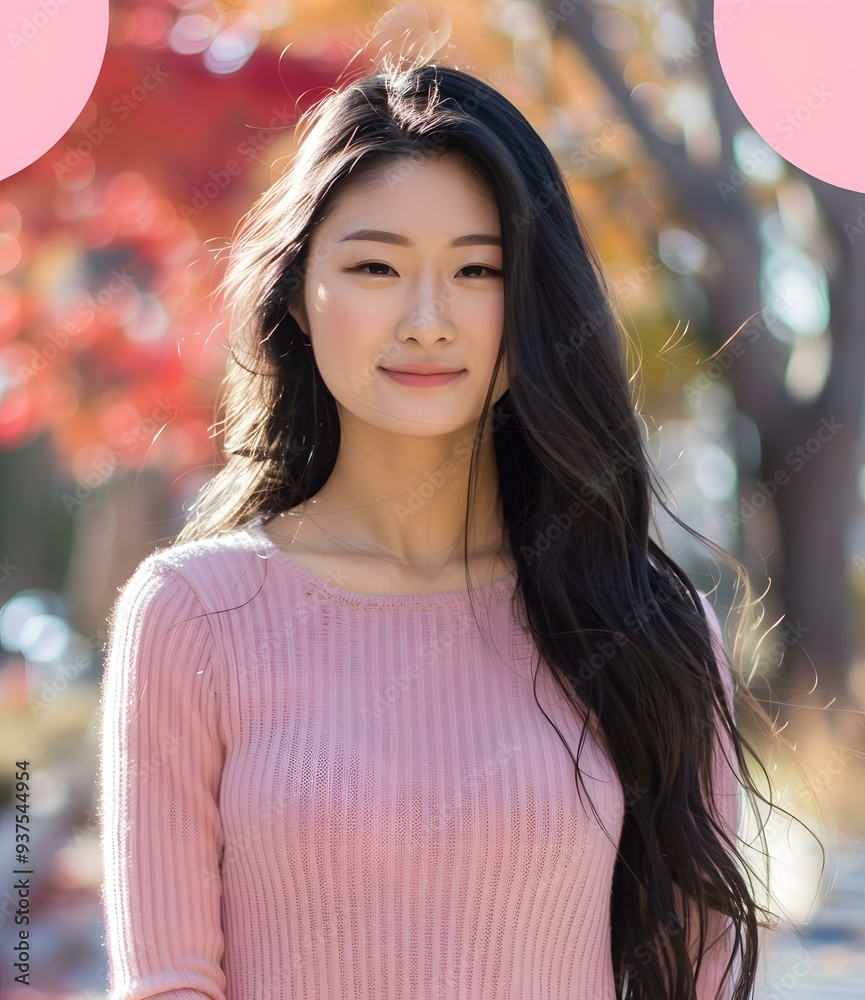 Portrait of a Young Asian Woman in Pink Sweater and Long Black Hair Portrait of a Young Asian Woman in Pink Sweater and Long Black Hair