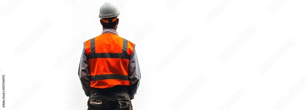 Construction Worker in Safety Gear Facing Away from Camera Construction Worker in Safety Gear Facing Away from Camera