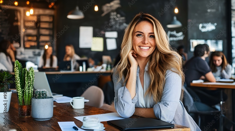 Smiling Woman Working in a Cafe