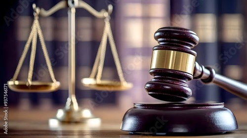 Gavel and Scales of Justice on Table with Blurred Books, Copy Space for Legal Text Stock Photo