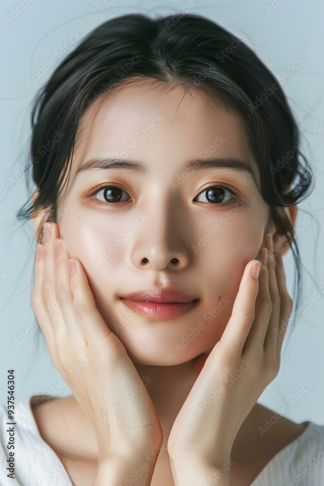 Portrait of a Young Asian Woman with Her Hands on Her Cheeks Portrait of a Young Asian Woman with Her Hands on Her Cheeks