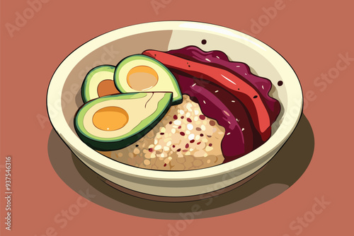 Healthy Grain Bowl Illustration with Avocado and Fresh Vegetables