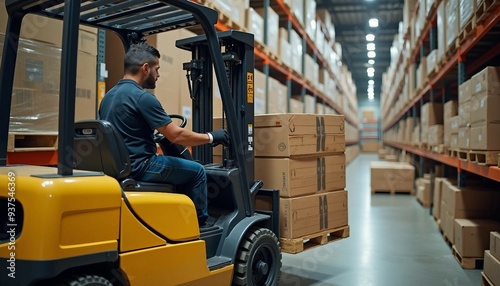 A yellow forklift lifts a large wooden pallet in a busy warehouse.