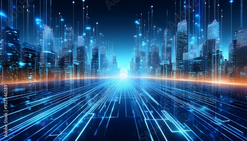 3D illustration of a night city with lights and skyscrapers presented in holographic form.