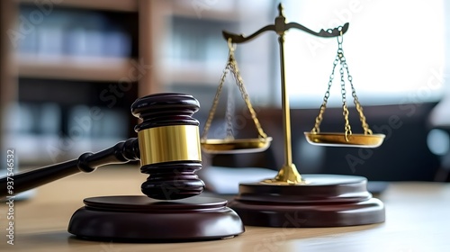 Gavel and Scales of Justice on Table with Blurred Books, Copy Space for Legal Text Stock Photo