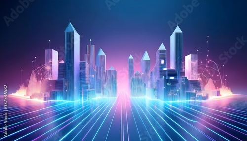 3D illustration of a night city with lights and skyscrapers presented in holographic form.