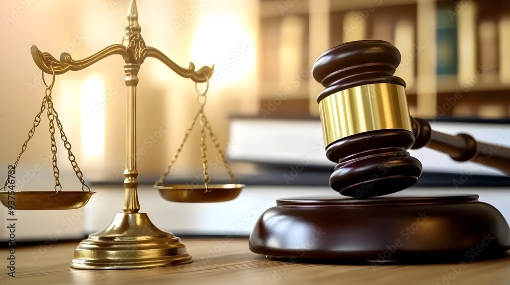 Gavel and Scales of Justice on Table with Blurred Books, Copy Space for Legal Text Stock Photo Gavel and Scales of Justice on Table with Blurred Books, Copy Space for Legal Text Stock Photo