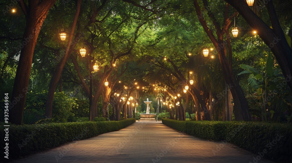 Obraz premium A Stone Path Through a Lush, Lamp-Lit Garden