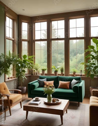 A cozy living room with a green velvet sofa, a wooden coffee table, and a large window overlooking lush greenery outside. The room has a warm, earthy color palette and features decorative elements 