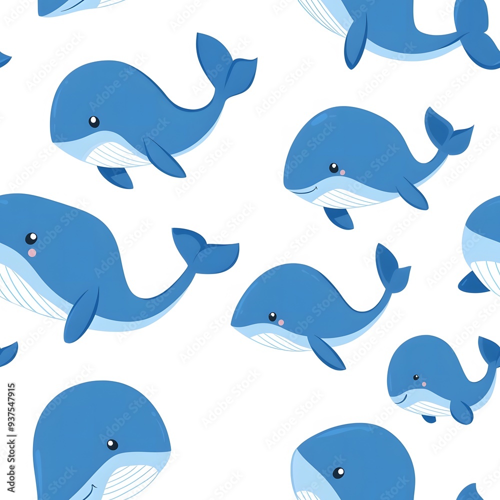 Obraz premium Cute cartoon blue whales, seamless pattern on a white background
