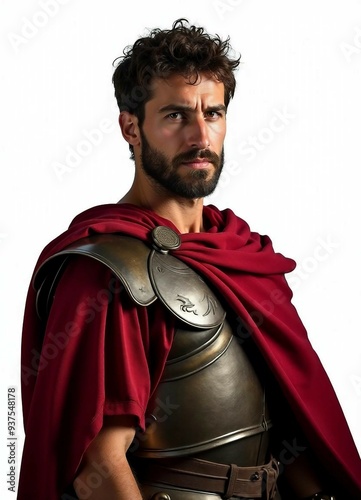  a male Roman emperor with a stern expression, wearing traditional armor and a red cape, isolated on a stark white background.
