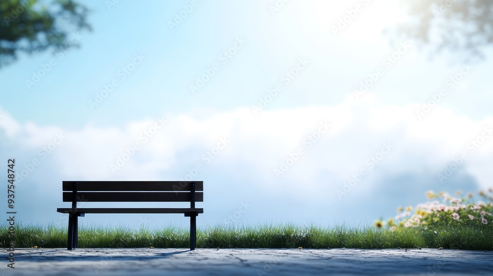 A solitary wooden bench sits on a grassy path with a view of a clear blue sky and fluffy white clouds. A solitary wooden bench sits on a grassy path with a view of a clear blue sky and fluffy white clouds.